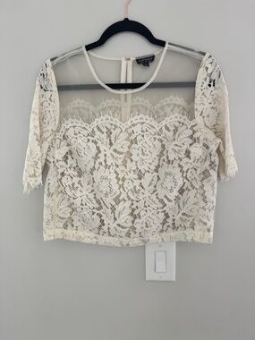 Topshop Cream Lace Short Sleeve Overlay Crop Top